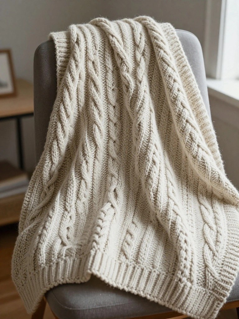 A cream-colored chunky cable knit blanket draped over the arm of a gray chair in a light room.