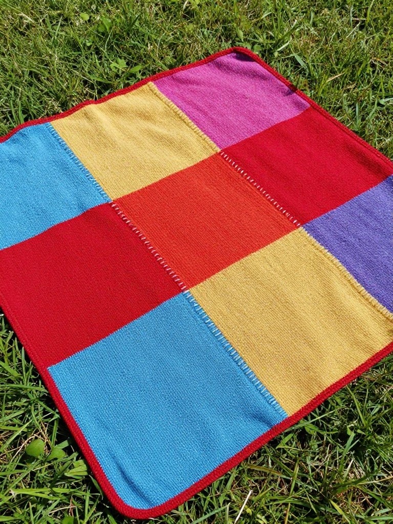 A square knitted patchwork blanket with nine colorful squares in red, orange, yellow, blue, purple, and pink lying on green grass.