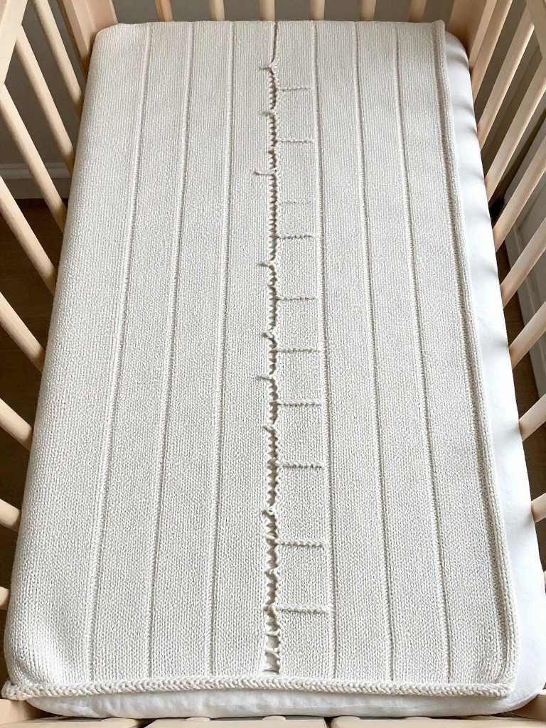 Light beige knitted blanket draped in a wooden crib, showing vertical knit texture and a central vertical stripe of small raised measurement marks.