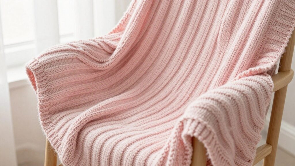 A white chunky ribbed knitted blanket draped over a wooden rocking chair in a light room.