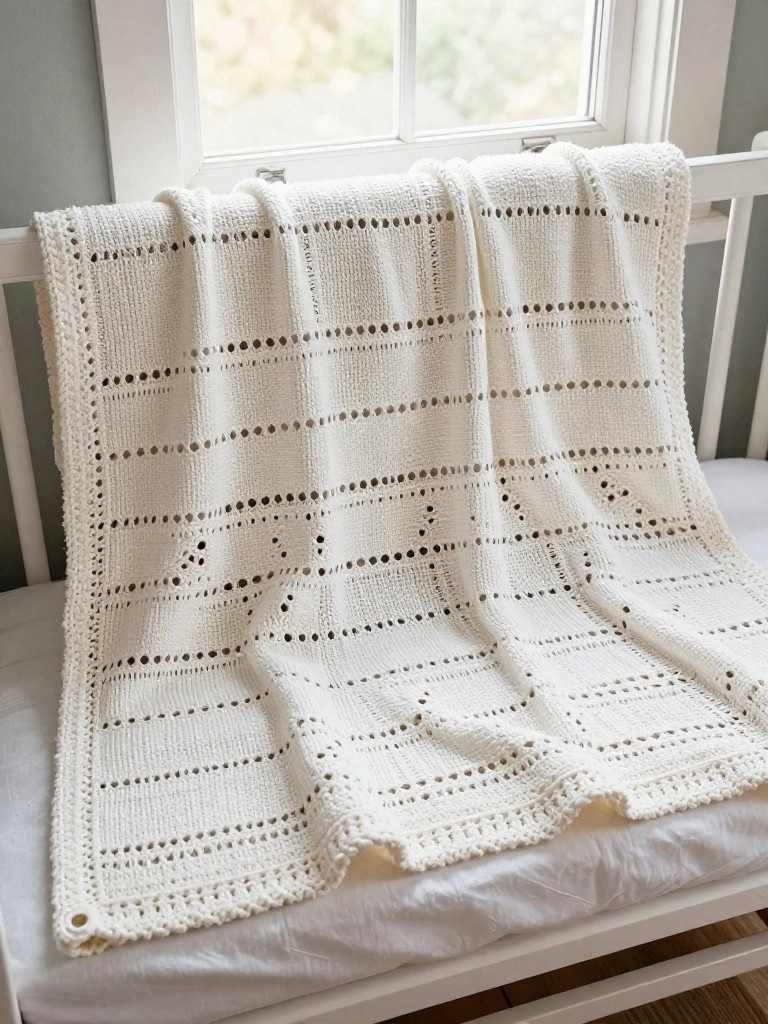 White knitted baby blanket with open eyelet grid pattern draped over a crib railing.