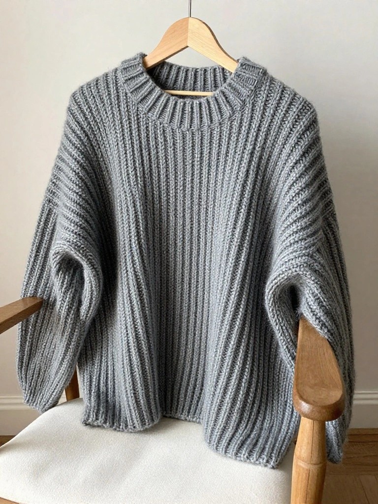 A light gray chunky rib-knit oversized sweater with dropped shoulders and wide sleeves hangs on a wooden hanger over a chair.