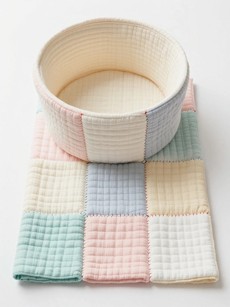 A round shallow quilted basket sits on a square patchwork mat in pastel pink, blue, mint, and cream fabrics.