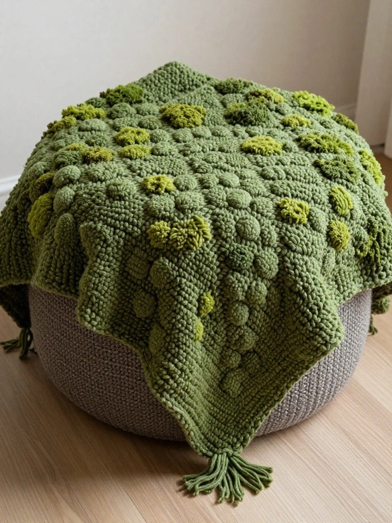 Green knitted blanket with raised bobble texture draped over a round gray pouf on a wood floor.