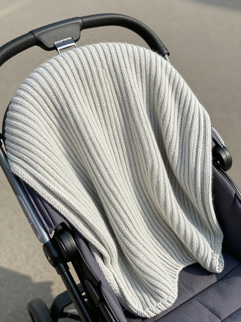 Light gray ribbed knitted blanket draped over a black stroller seat, backrest, and handlebar.