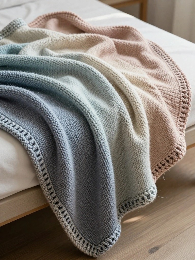 A round knitted blanket in fuzzy yarn with a gradient from blue to peach draped over a bed.