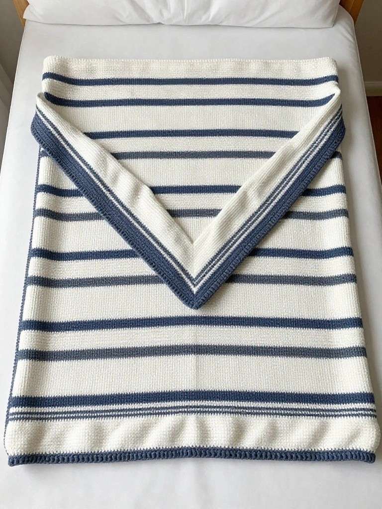 Rectangular knitted blanket in white with navy stripes and a V-shaped navy border along the top and sides, folded on a bed.