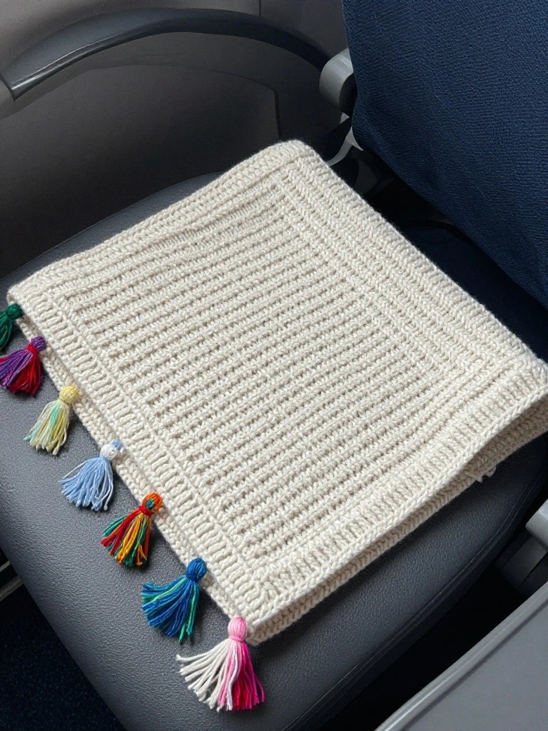 A cream-colored knitted blanket with vertical texture and multicolored tassels on the ends, draped over an airplane seat.