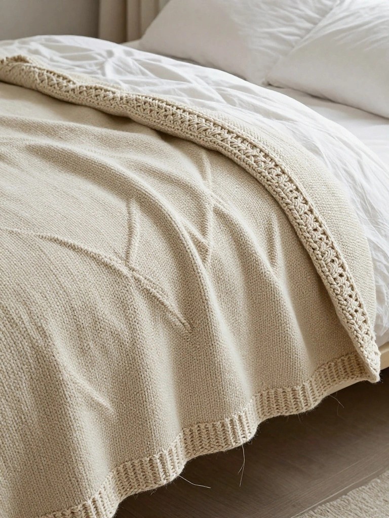 Beige chunky knitted blanket with branching texture draped over white bed sheets.