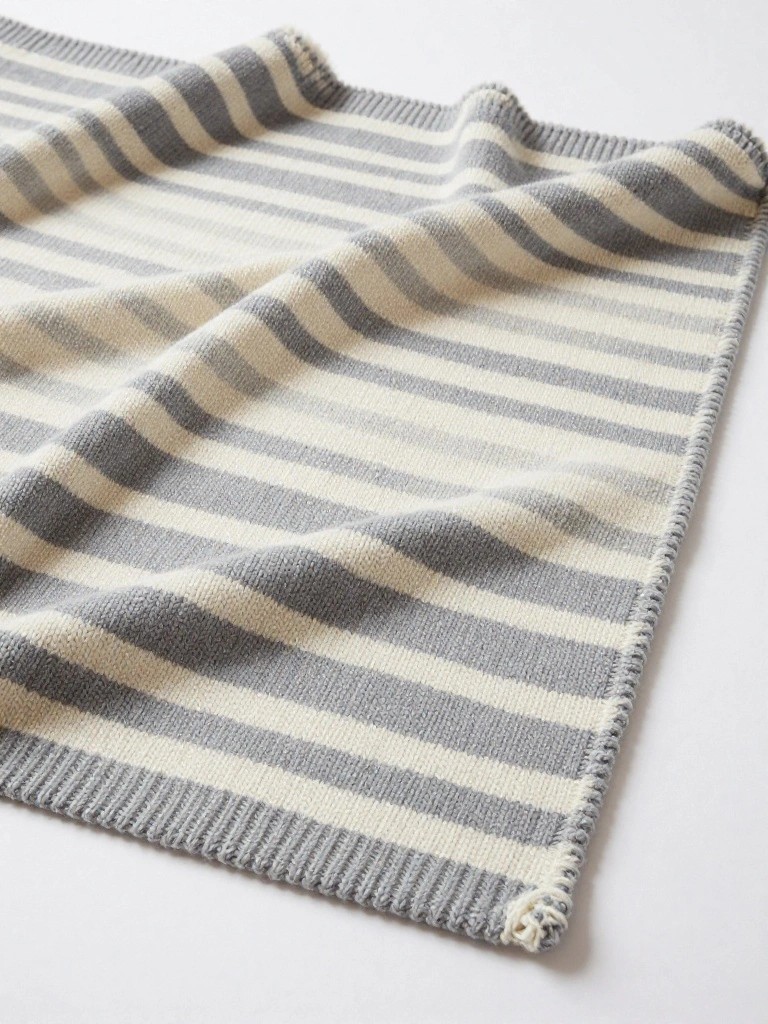Rectangular knitted blanket with wide alternating stripes in light gray, medium gray, and off-white, draped and folded on a white surface.