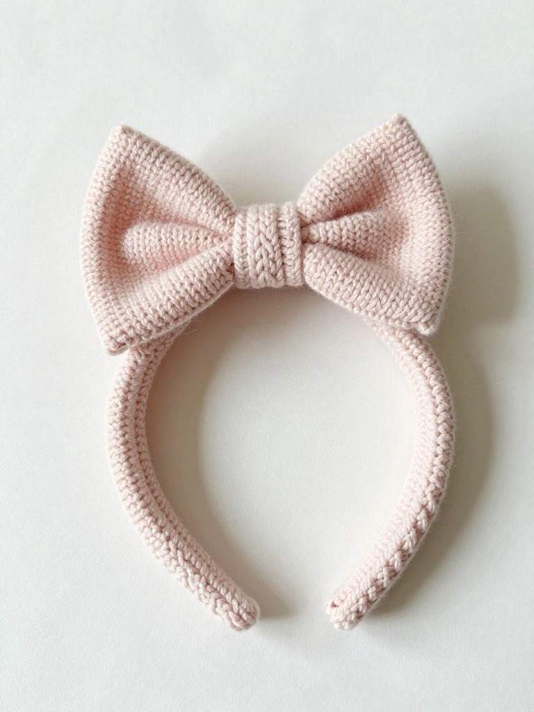 Pale pink knitted headband with large matching bow on top, shown flat against white background.