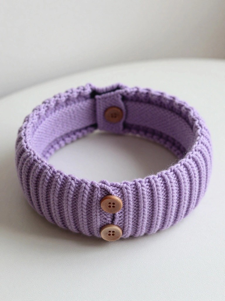 A purple rib-knitted headband with two wooden buttons for closure, laid flat on a table.