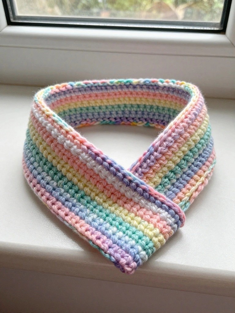 A wide knitted headband with horizontal pastel rainbow stripes sits folded on a windowsill near a window.