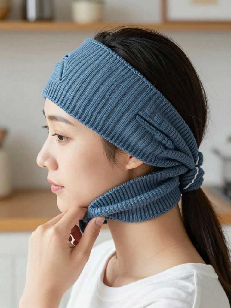 A side-profile photo of a woman wearing a wide blue ribbed knit headband with a twist at the back, ponytail visible, standing in a kitchen.