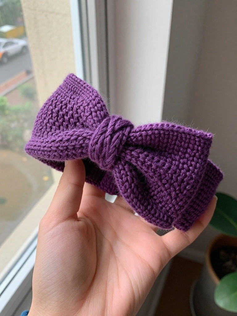 A hand holds a purple knitted headband formed into a bow with a knotted center, positioned in front of a window and plant.
