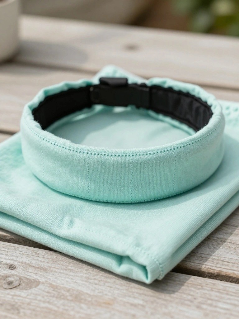 A light blue knitted headband with black elastic insert lies flat on a wooden surface next to a matching fabric piece.