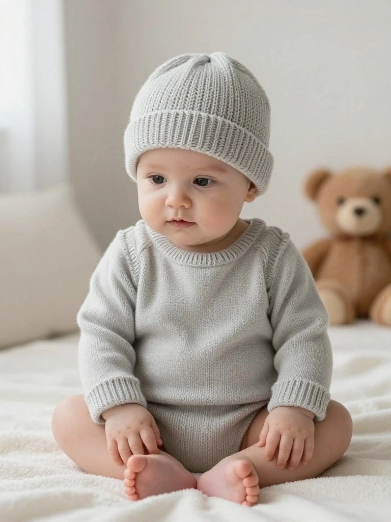A baby wearing a light gray knitted romper with long sleeves and a matching ribbed hat sits on a white bed next to a teddy bear.