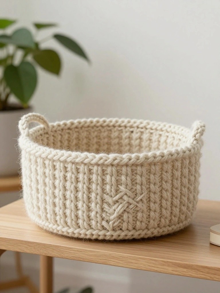Cream-colored round knitted basket with braided cable stitches, ribbed base, and thick handles on a wooden table.