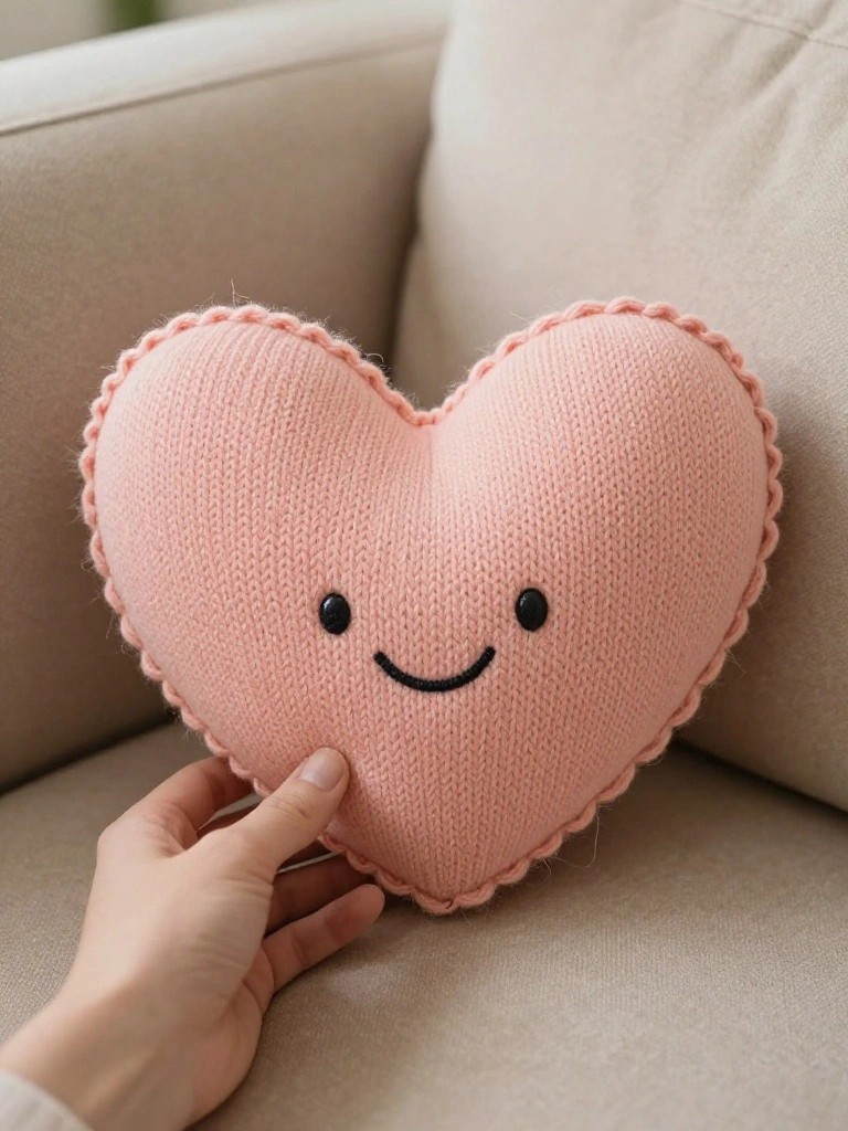 A hand holds a pink knitted heart-shaped pillow with black yarn eyes and smile on a beige couch.