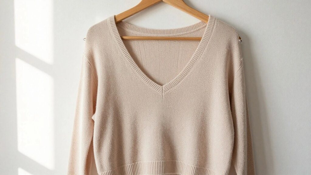 23 Unique Beginner Knitting Tips That Build Confidence Fast A white ribbed knitted tank top with thin straps and V-neck hangs on a wooden hanger against a light wall.