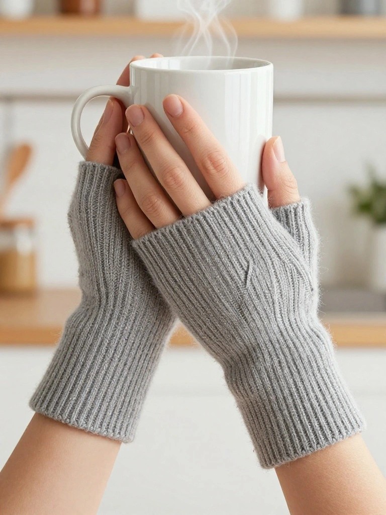 Hands in gray ribbed fingerless mitts hold a white mug of steaming liquid on a kitchen counter.