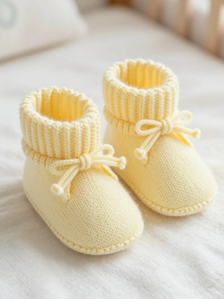 Pair of pale yellow knitted baby booties with ribbed texture, foldover cuffs, and bow ties on a white bed.
