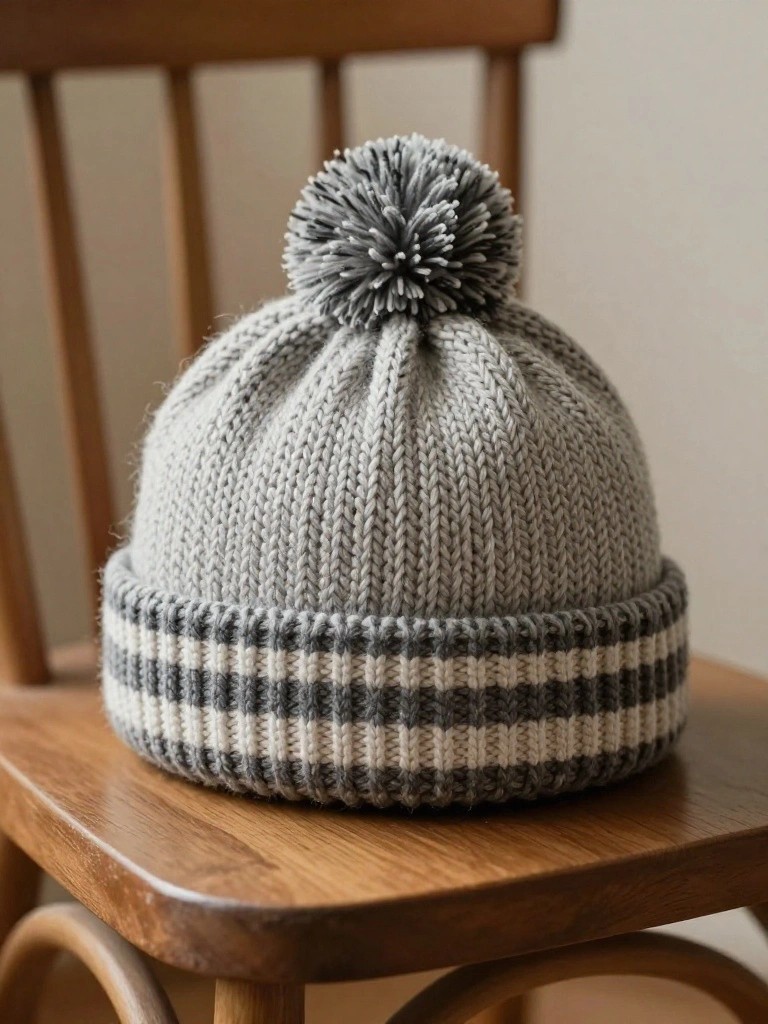 A gray fuzzy knitted beanie with a dark pom-pom on top and wide gray-white striped ribbed cuff sits on a wooden chair.