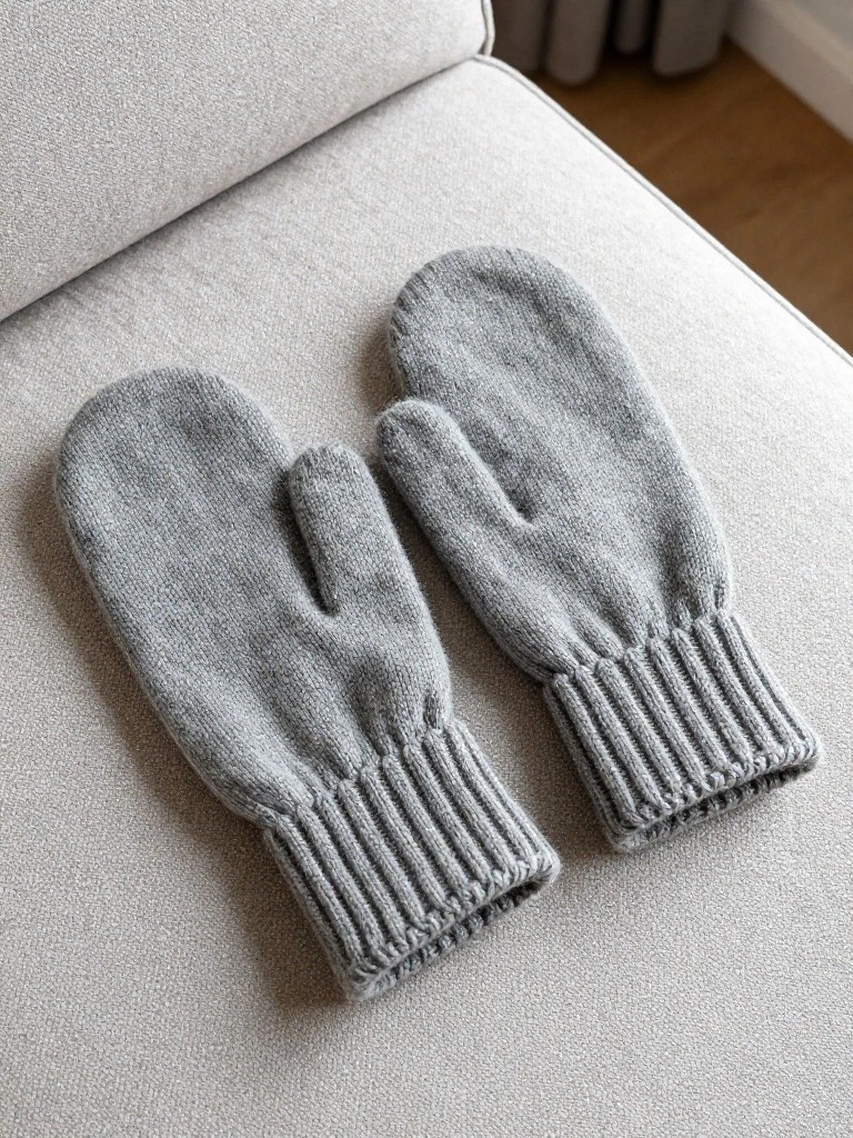 Two gray fuzzy knitted mittens with ribbed cuffs and thumb gussets lying flat on a light gray couch.