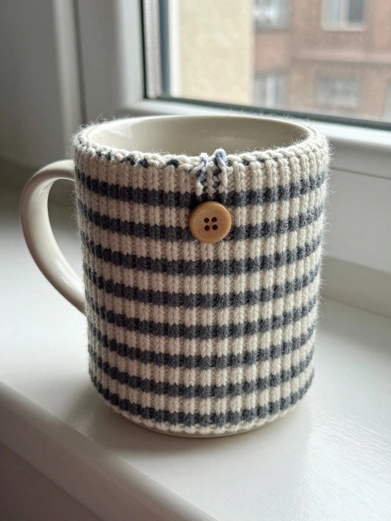 White ceramic mug wearing a fuzzy gray-and-white striped ribbed knitted cozy with a buttoned flap.