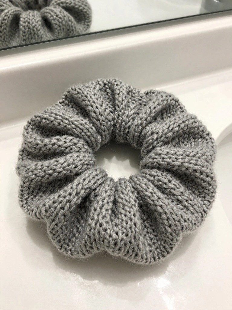 Gray knitted scrunchie on a white bathroom counter, reflected in the mirror.