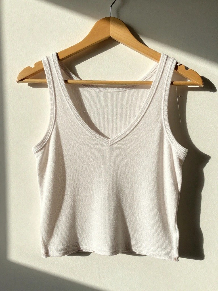 A white ribbed knitted tank top with thin straps and V-neck hangs on a wooden hanger against a light wall.