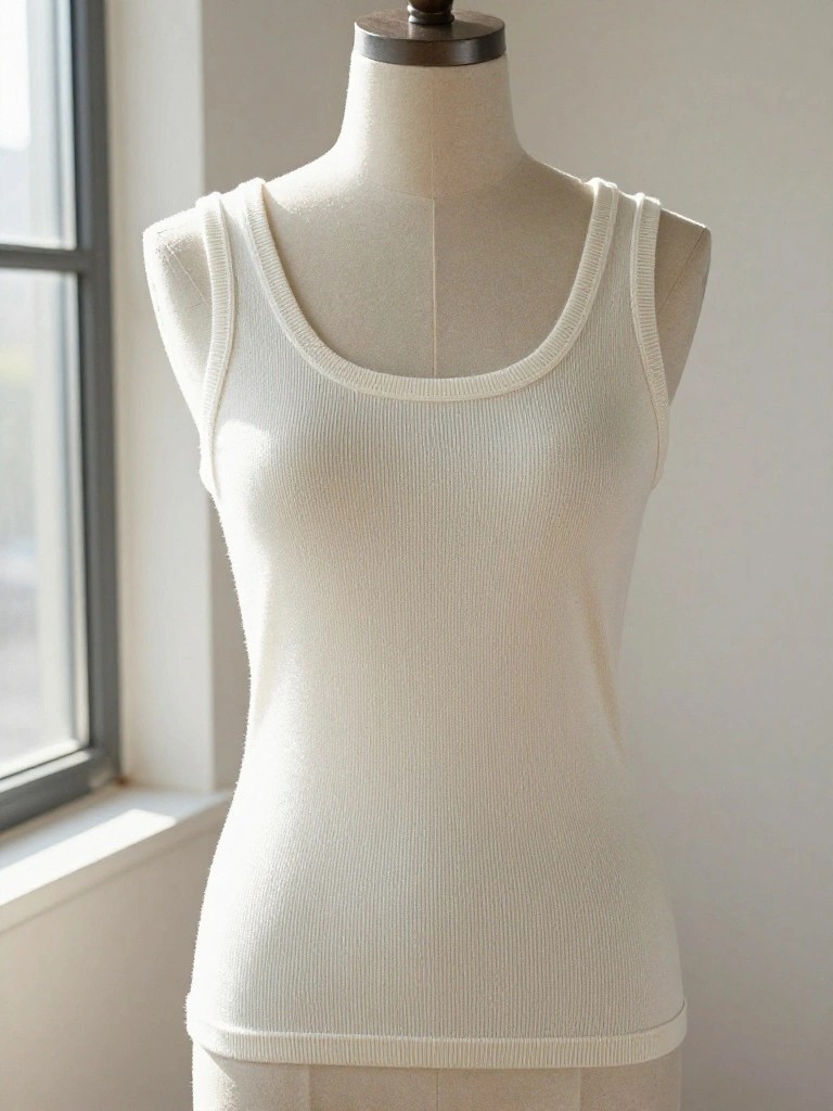 White ribbed knit tank top on a dress form in a room with large windows.