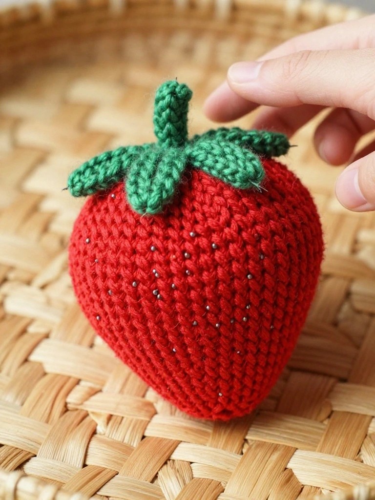 A red knitted strawberry plush toy with green leaves and seed beads sits on a bamboo tray next to a hand.
