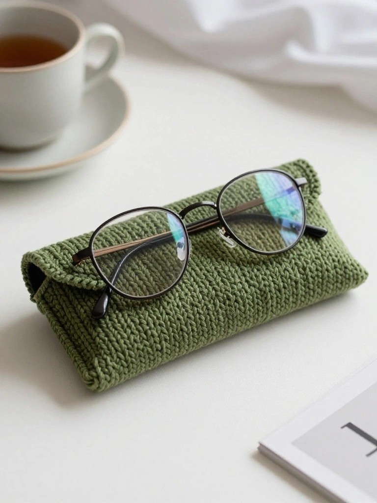 Green knitted envelope-style pouch holding black-framed round eyeglasses on a white table next to a teacup.