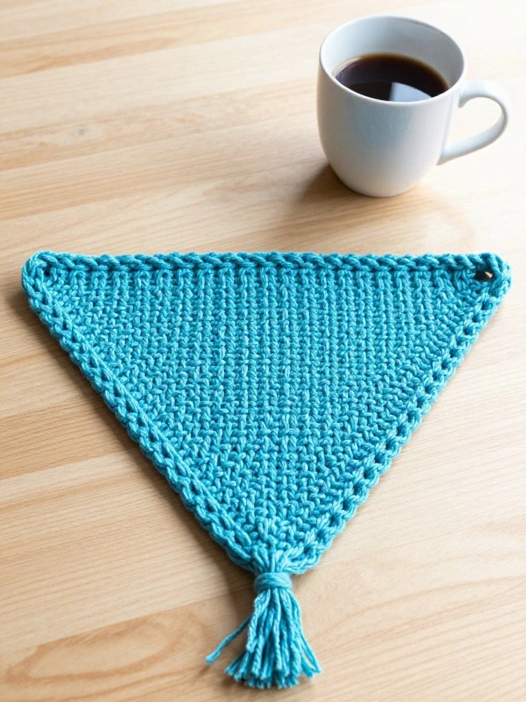 Turquoise knitted triangular trivet with fringe on a wooden table next to a white mug of coffee.