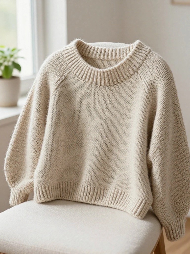 Cream-colored oversized knitted sweater with puffed sleeves draped over a white chair next to a window.