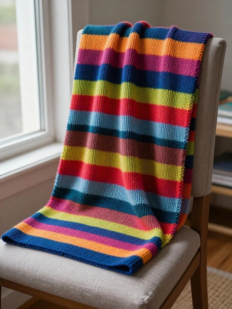 A rectangular knitted blanket with wide horizontal stripes in bright colors including orange, pink, purple, blue, teal, and green drapes over the arm of a beige upholstered wooden chair.