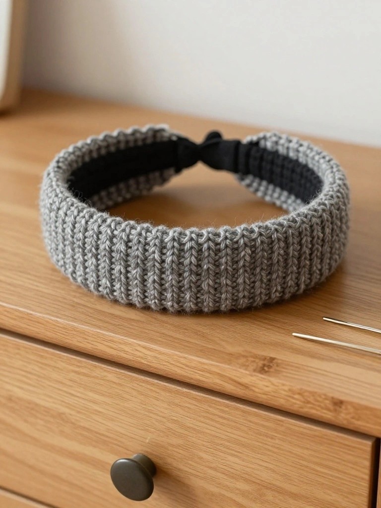 Gray ribbed knitted headband with black back panel on a wooden table next to straight knitting needles.