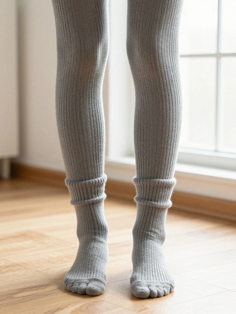 Gray ribbed leg warmers and toe socks on wooden floor.