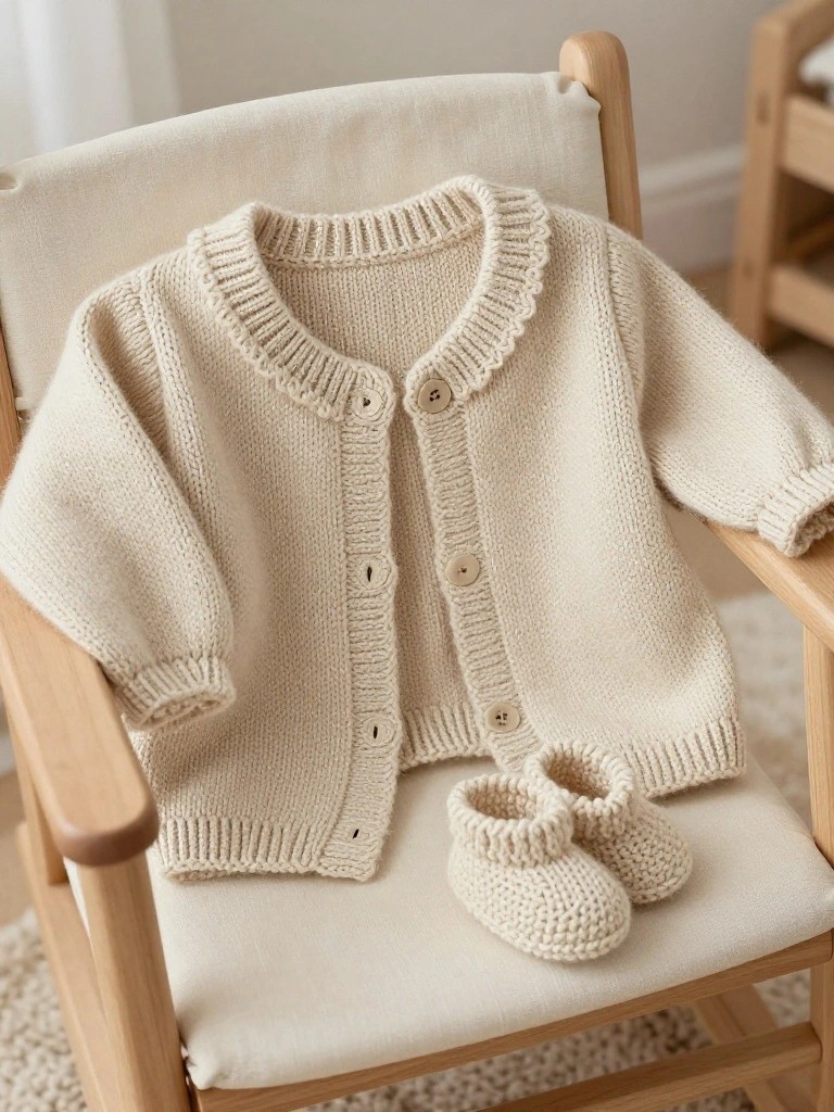 Cream-colored knitted baby cardigan with scalloped edges and buttons draped on a chair next to matching knitted booties.
