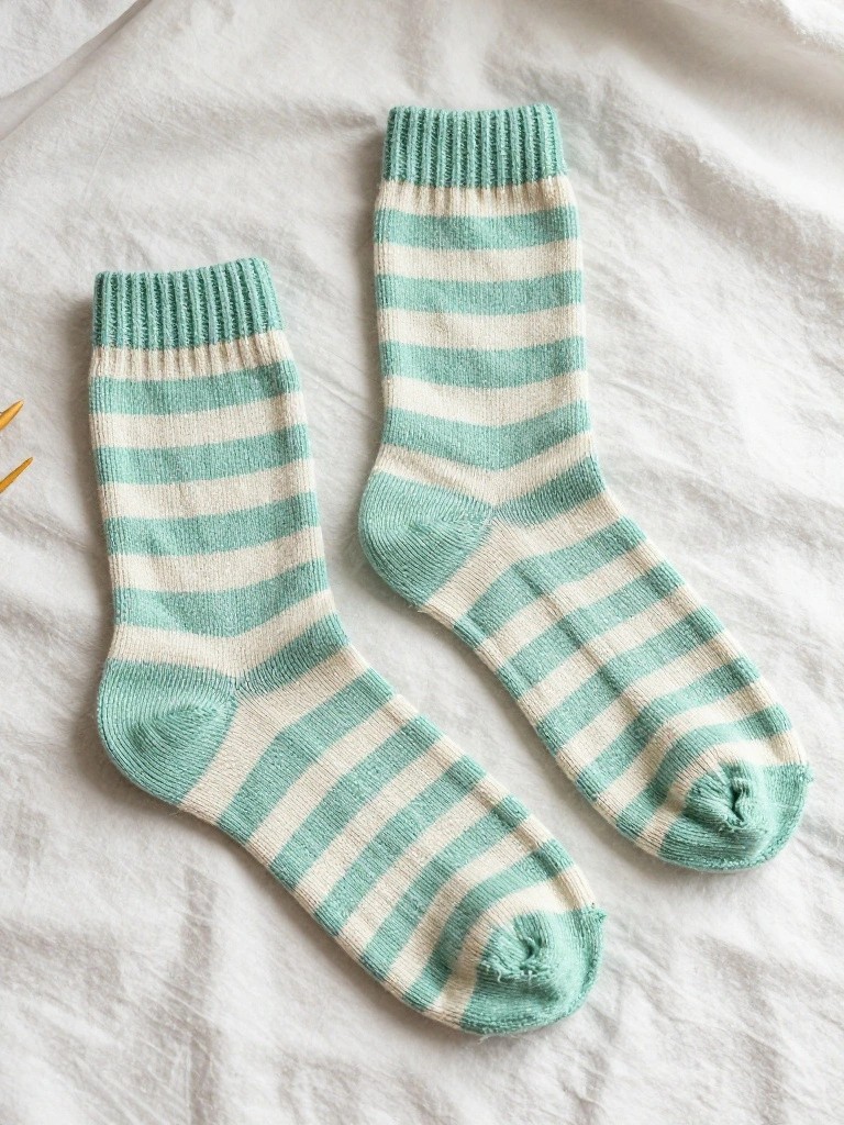 Two knitted crew socks with alternating mint green and off-white stripes lie on a white bedsheet.