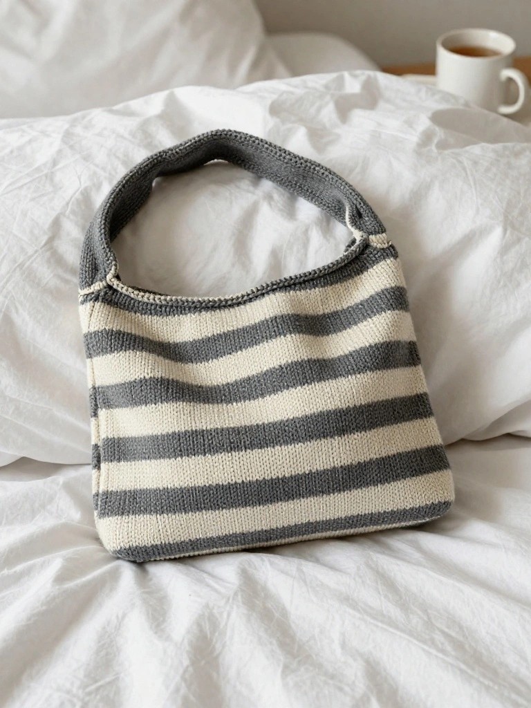 A gray and white horizontally striped knitted tote bag with shoulder handles lies flat on a white bed near a mug of tea.