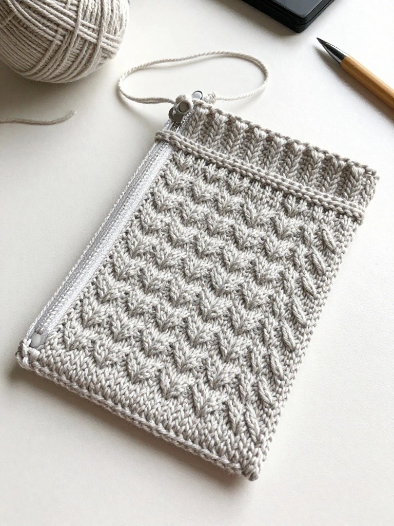 Light gray rectangular knitted pouch with zipper top and wavy raised stitch texture on a white surface next to beige yarn ball, needle, and black phone.