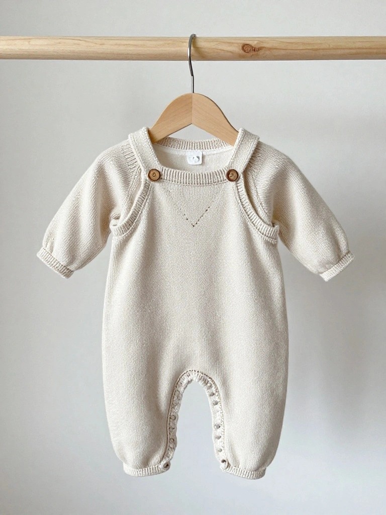 Cream-colored knitted baby romper with shoulder straps and wooden buttons hanging on a wooden hanger.