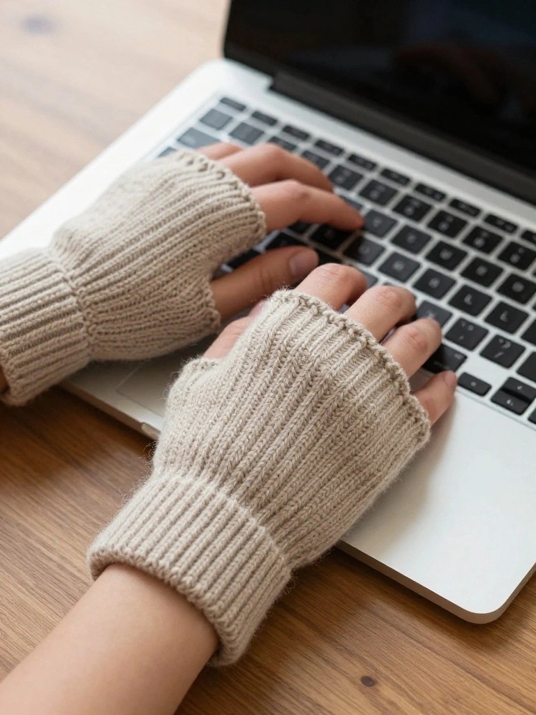 Hands in beige knitted fingerless mitts with ribbed cuffs type on a silver laptop keyboard atop a wooden table.