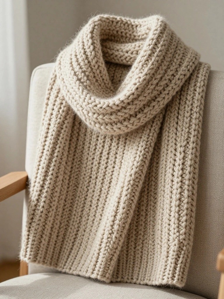 A beige chunky knitted scarf with cable textures draped over the arm of a wooden chair.