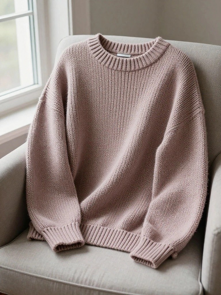 Dusty rose oversized knitted crewneck sweater draped over a light gray armchair.
