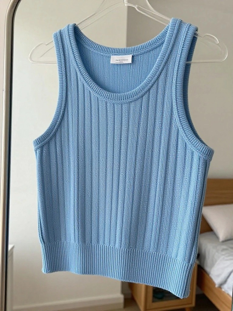 Light blue ribbed knit tank top hanging from a white hanger against a bedroom wall.