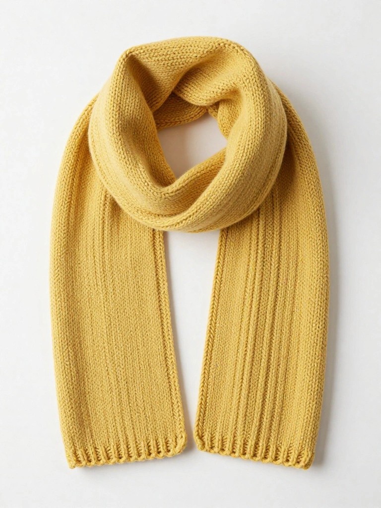 A long mustard-yellow ribbed knit scarf draped loosely in a loop shape on a white background.