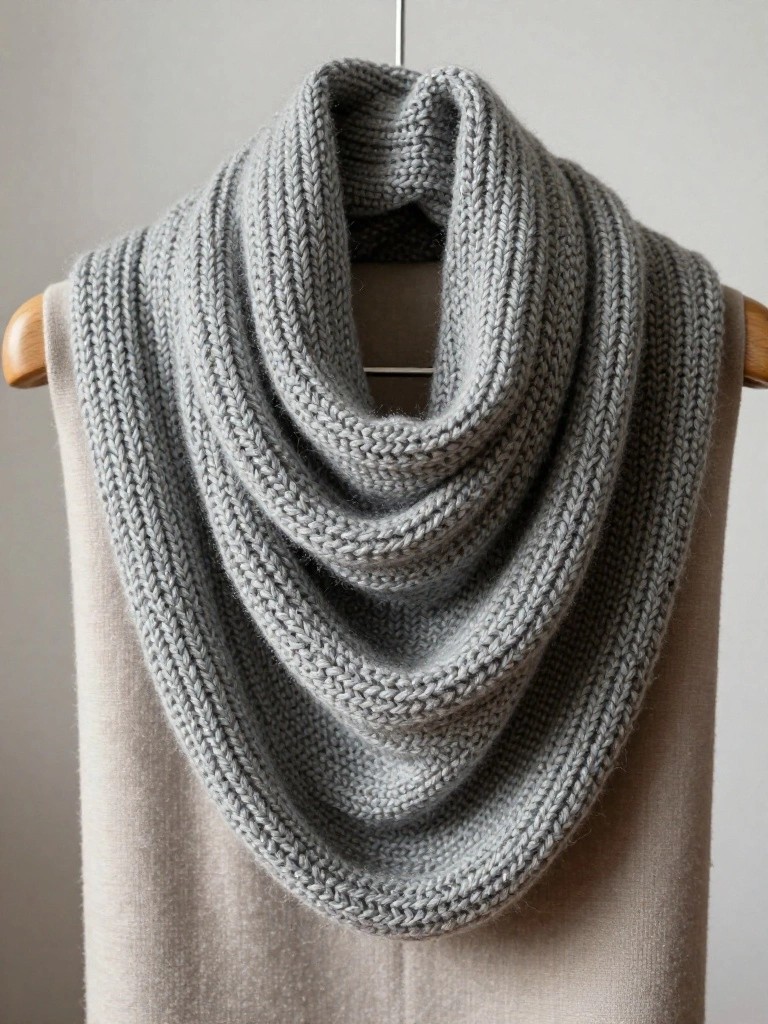 A gray chunky ribbed knitted infinity scarf looped and draped over a wooden hanger on a white background.